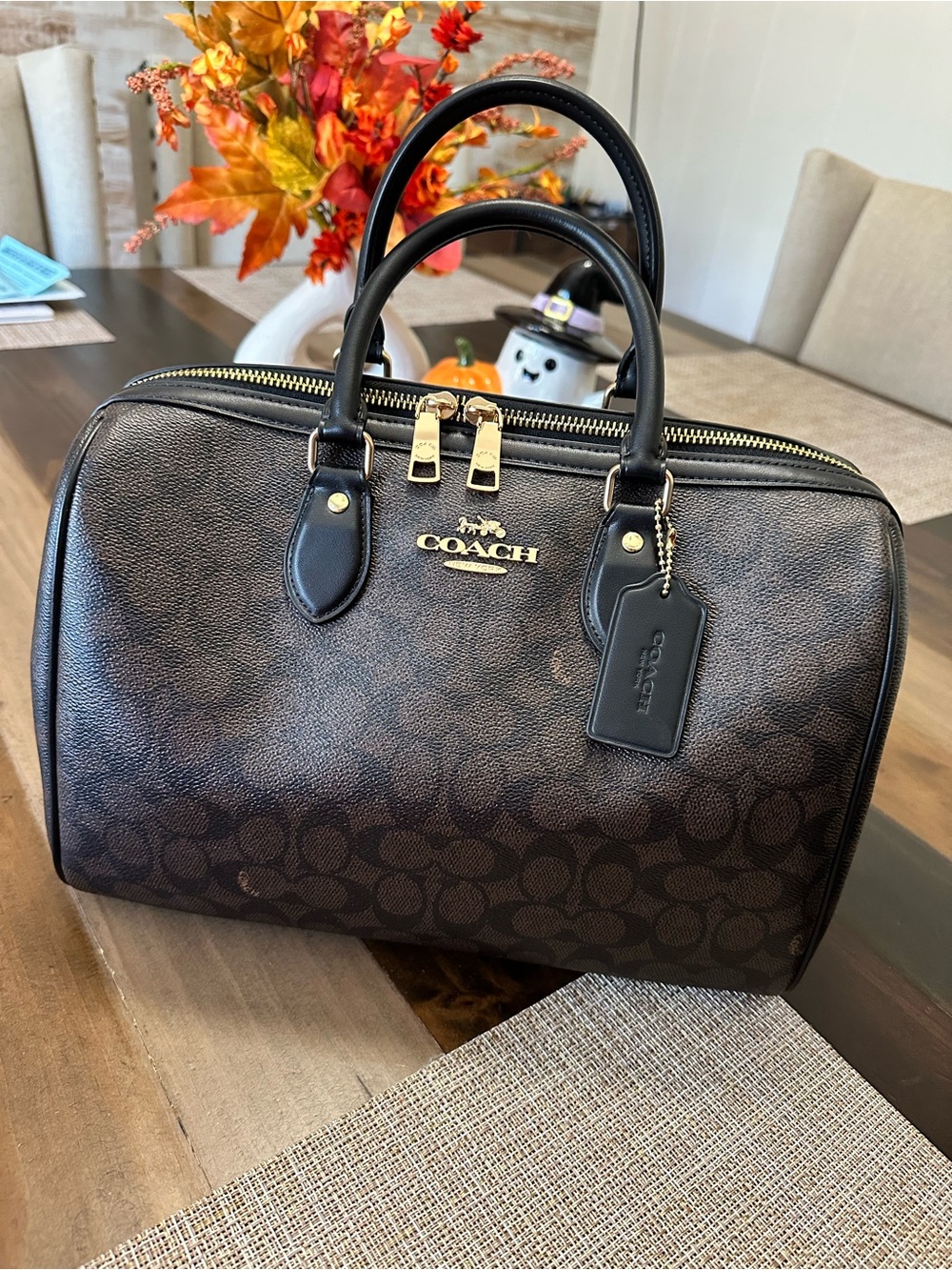 Coach large Rowan Brown Signature Satchel with Black Handles and Gold Hardware